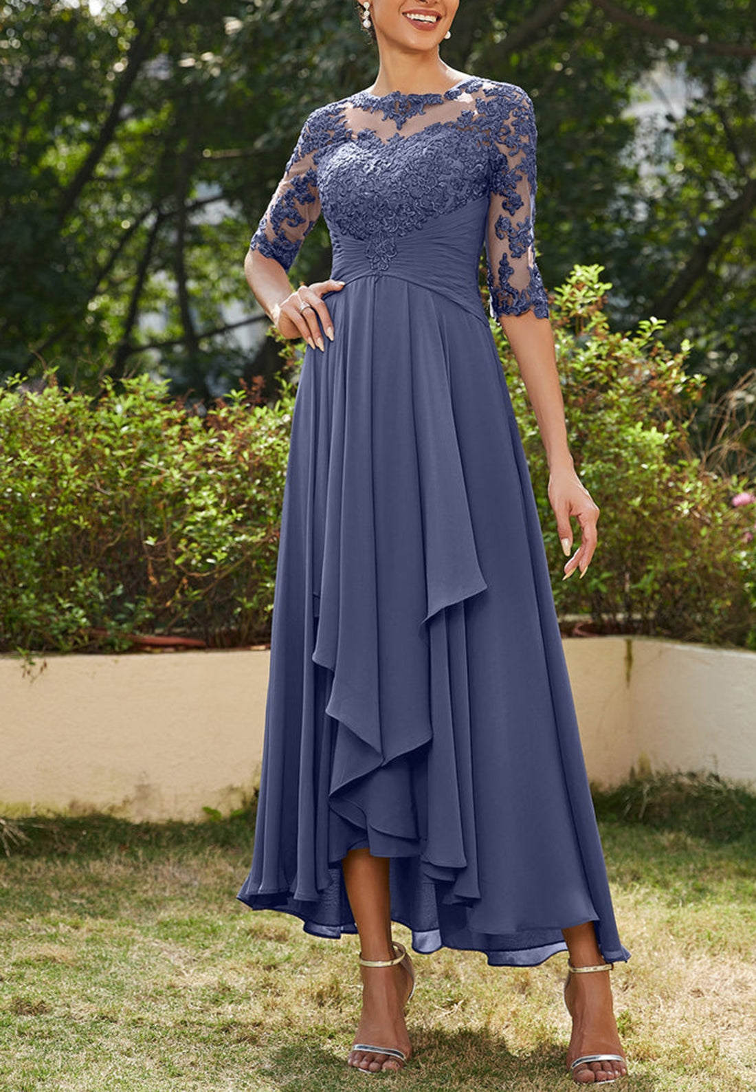 Scoop Half Sleeves Appliques Ruffled Chiffon Mother of Bride Dress Cocktail Dress