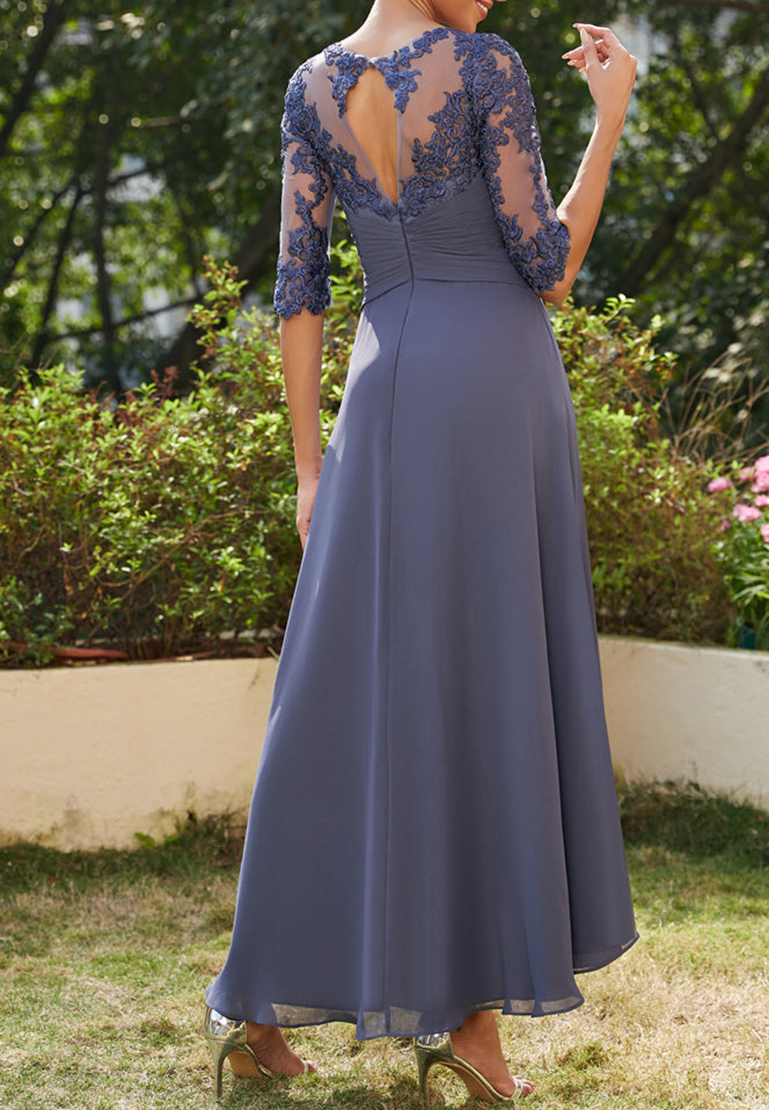 Scoop Half Sleeves Appliques Ruffled Chiffon Mother of Bride Dress Cocktail Dress