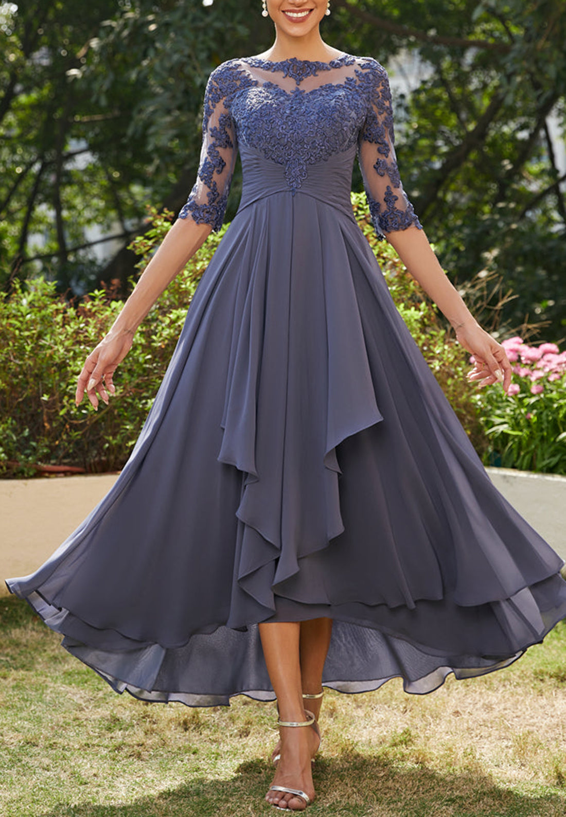 Scoop Half Sleeves Appliques Ruffled Chiffon Mother of Bride Dress Cocktail Dress