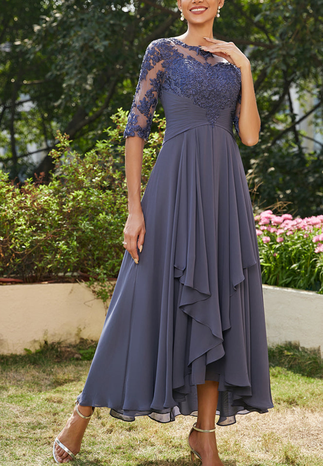 Scoop Half Sleeves Appliques Ruffled Chiffon Mother of Bride Dress Cocktail Dress
