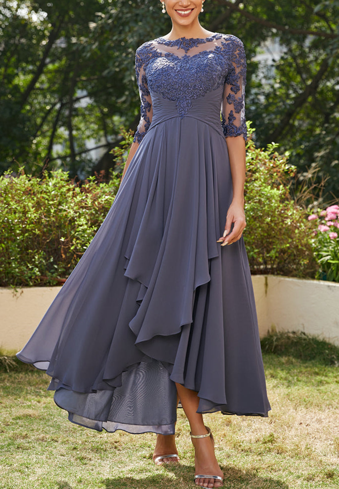 Scoop Half Sleeves Appliques Ruffled Chiffon Mother of Bride Dress Cocktail Dress