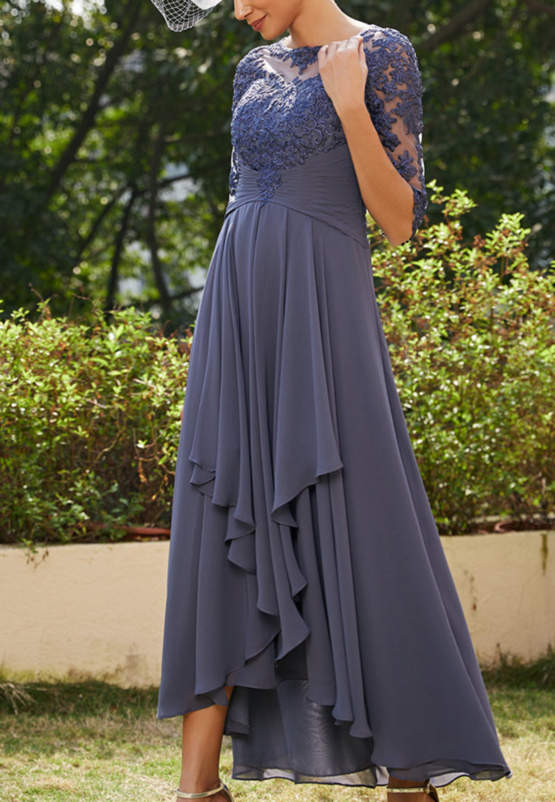 Scoop Half Sleeves Appliques Ruffled Chiffon Mother of Bride Dress Cocktail Dress