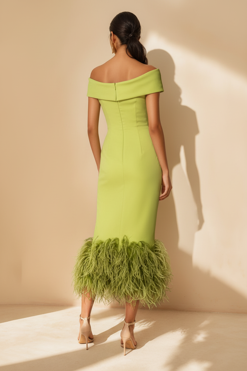 Sheath/Column Off-the-Shoulder Short Sleeves Tea-Length Unique Mother of the Bride Dresses with Feathers