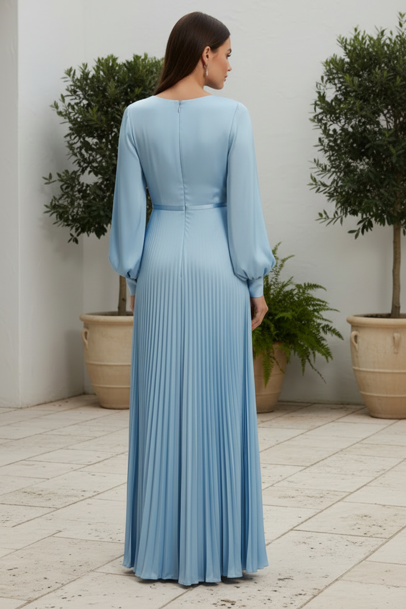 Mother of Bride Dress Pleated High Neck Raglan Long Sleeve