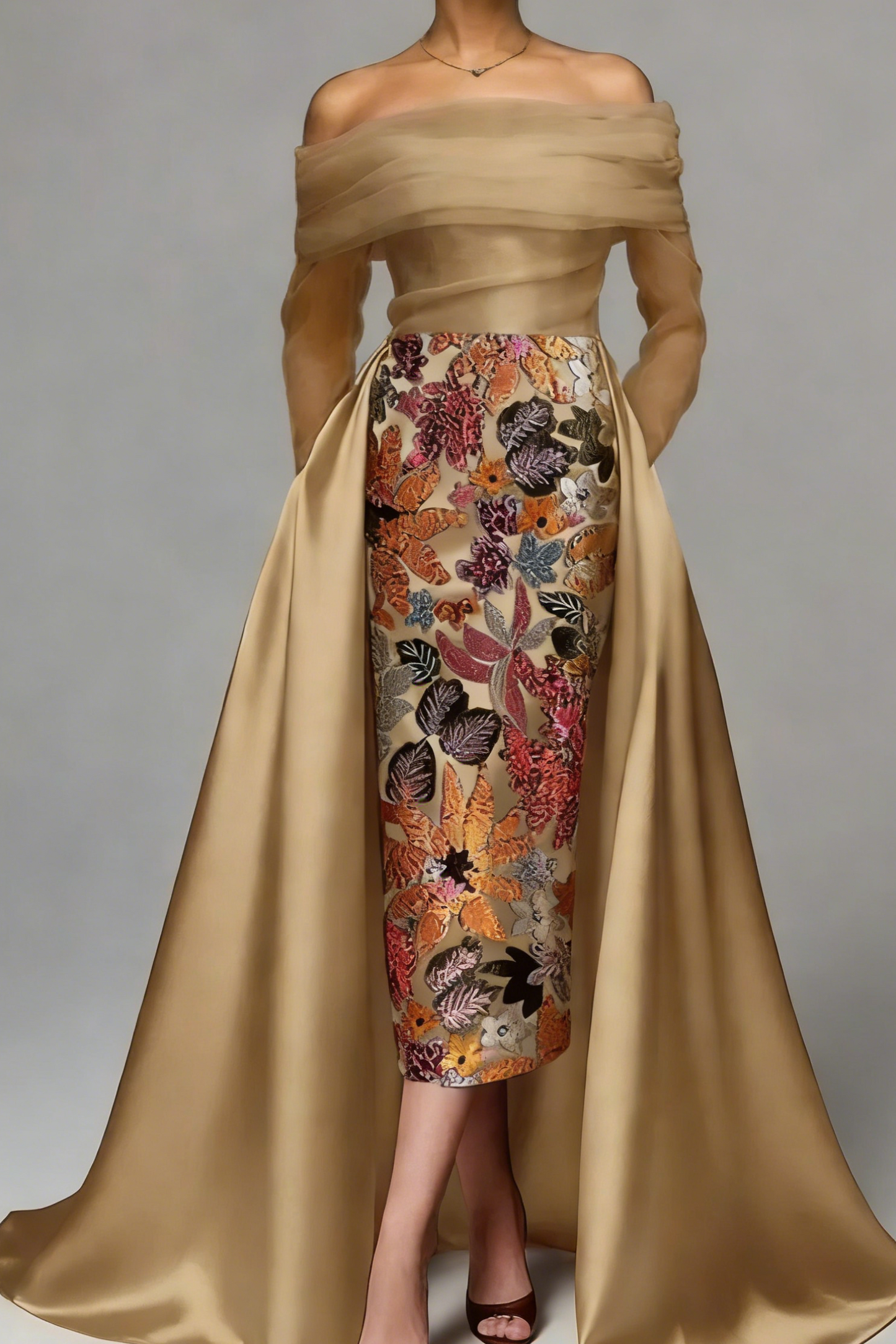 Refined Sheath Off-the-Shoulder Flower Floor-Length Satin Corset Mother of the Bride Dress