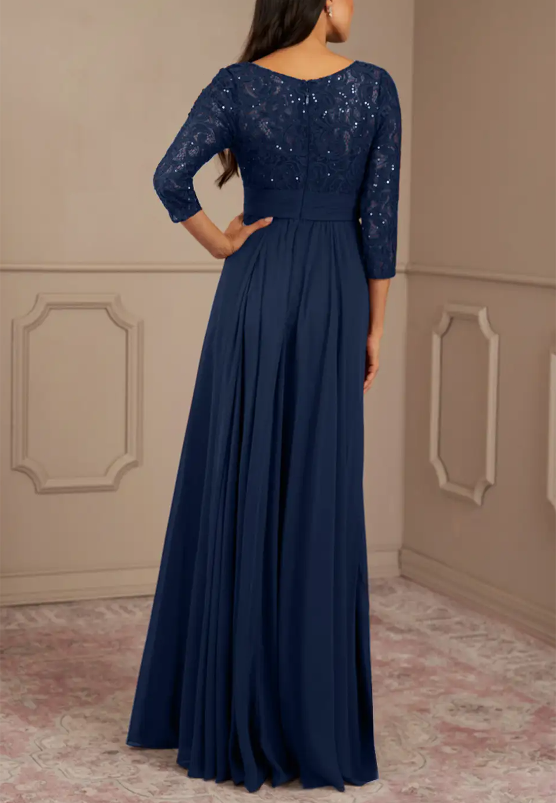 Scoop Long Sleeves Appliques Chiffon Long Mother of Bride Dress