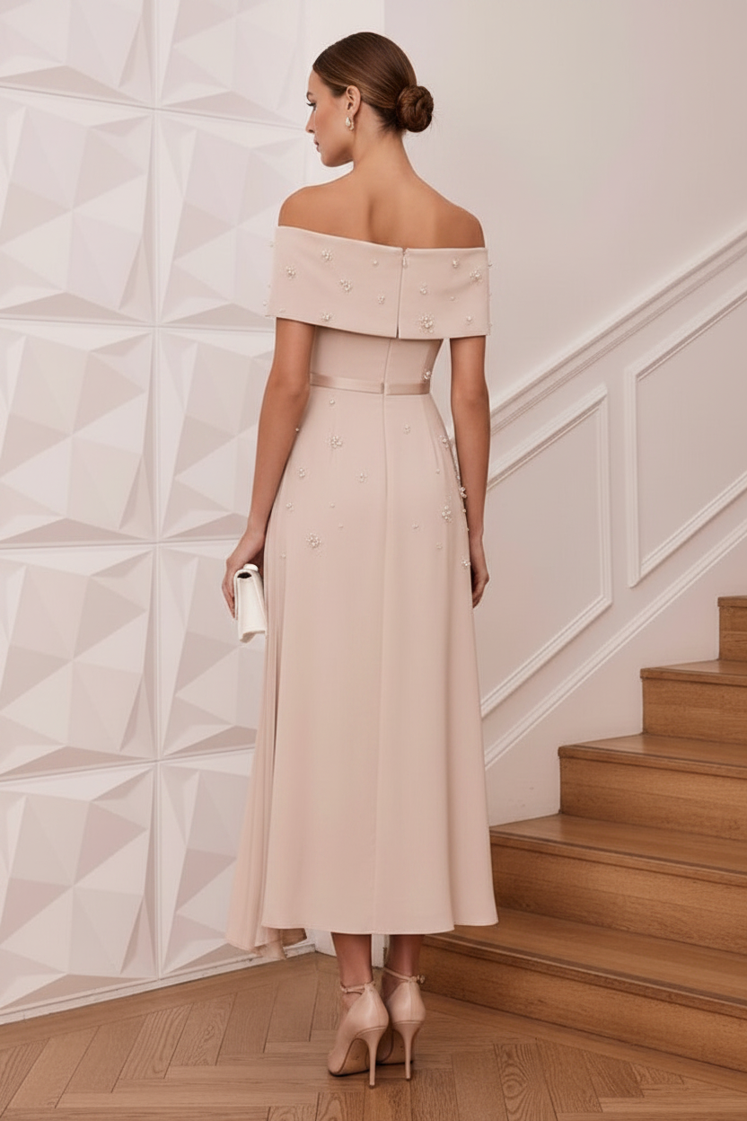 Off-Shoulder Beaded Pleated A-Line Mother of Bride Dress
