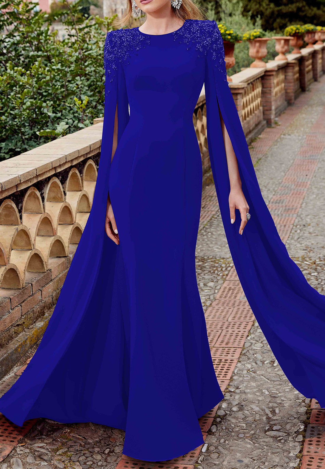 Scoop Long Sleeves Beaded Sleek Mermaid Mother of Bride Dress