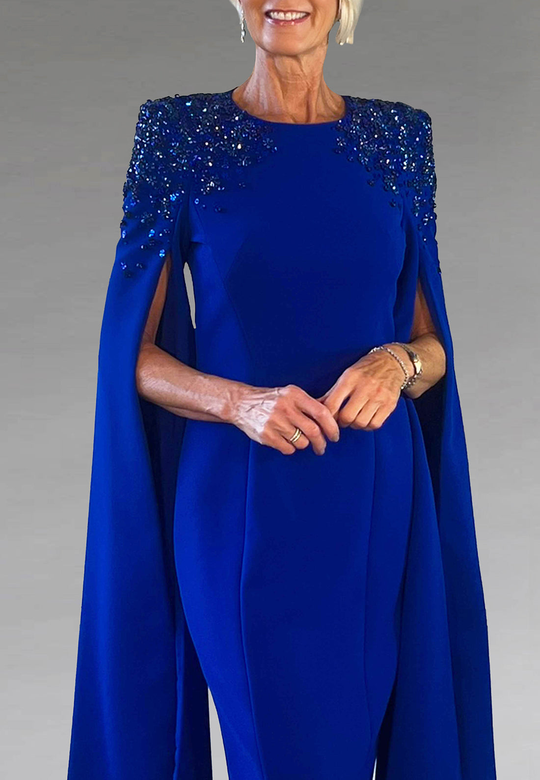 Scoop Long Sleeves Appliques Sequins Sleek Mermaid Knee-Length Mother of Bride Dress