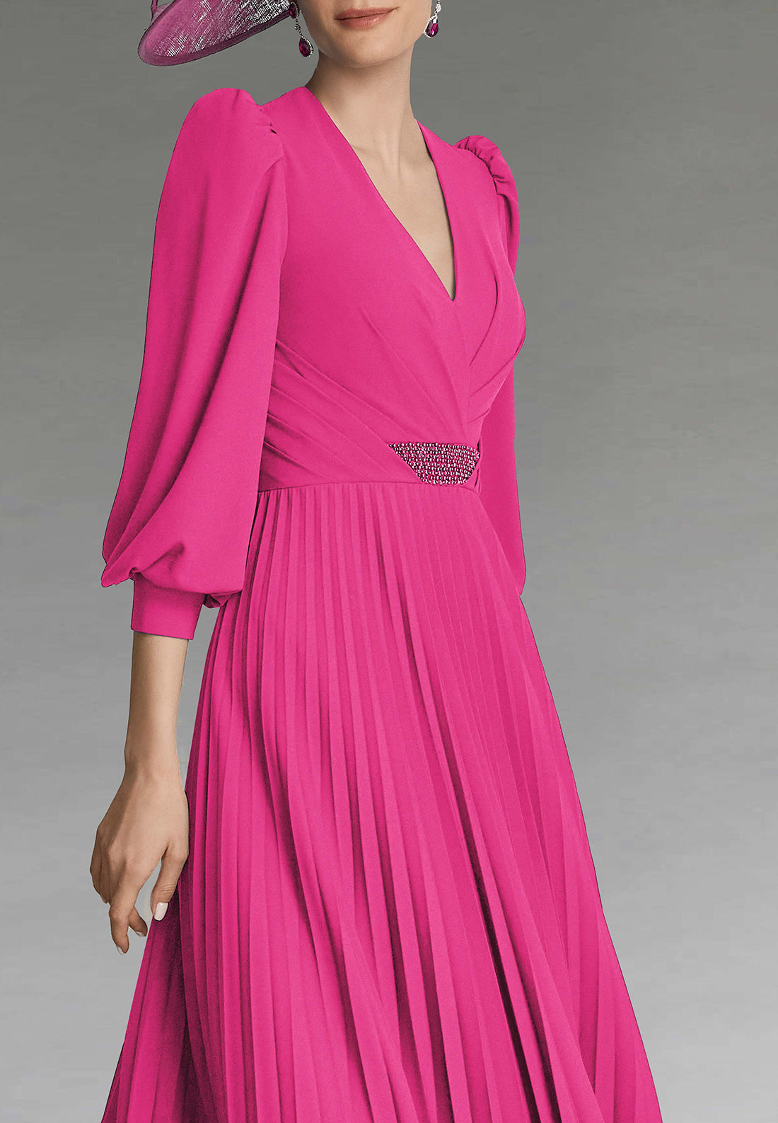 V-Neck Long Sleeves Pleated Chiffon A-Line Mother of Bride Dress