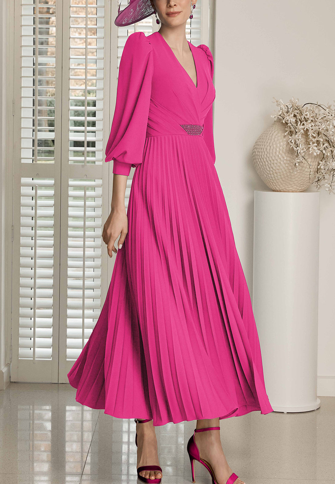 V-Neck Long Sleeves Pleated Chiffon A-Line Mother of Bride Dress