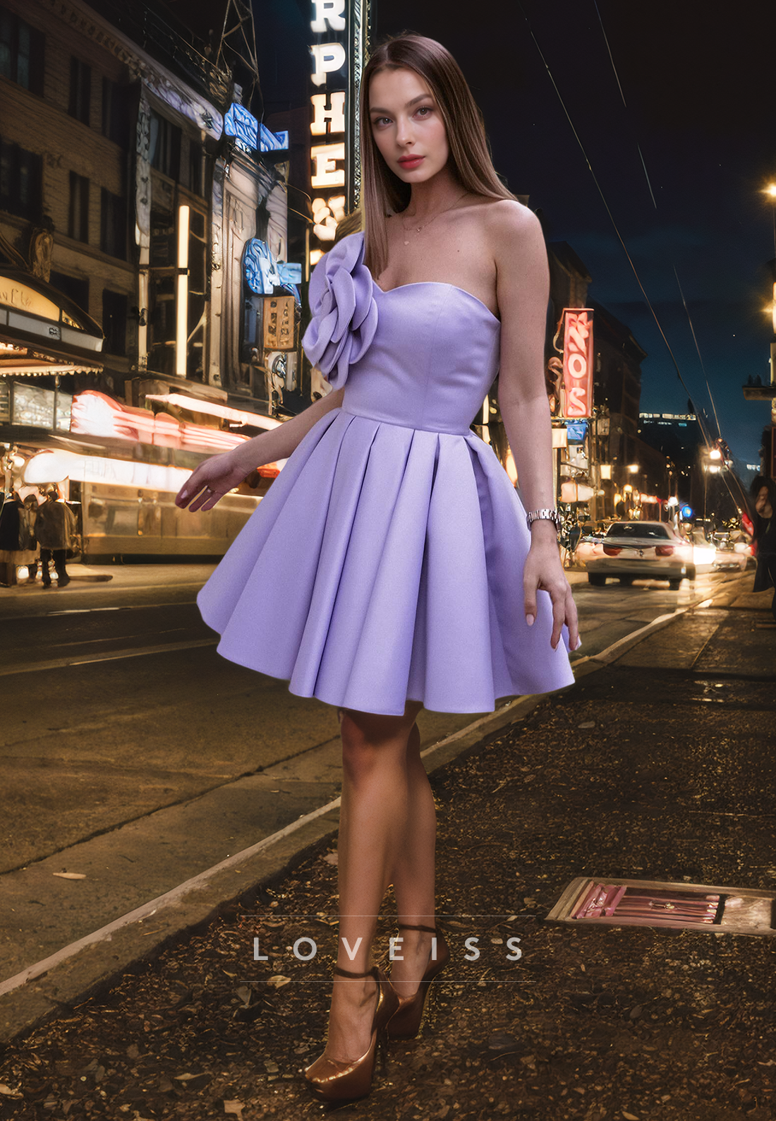 Strapless Floral Embossed Sleek Satin Elegant Party Homecoming Dress