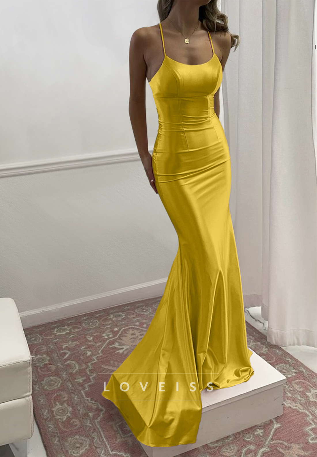 Scoop Spaghetti Straps Sleek Mermaid Prom Dress