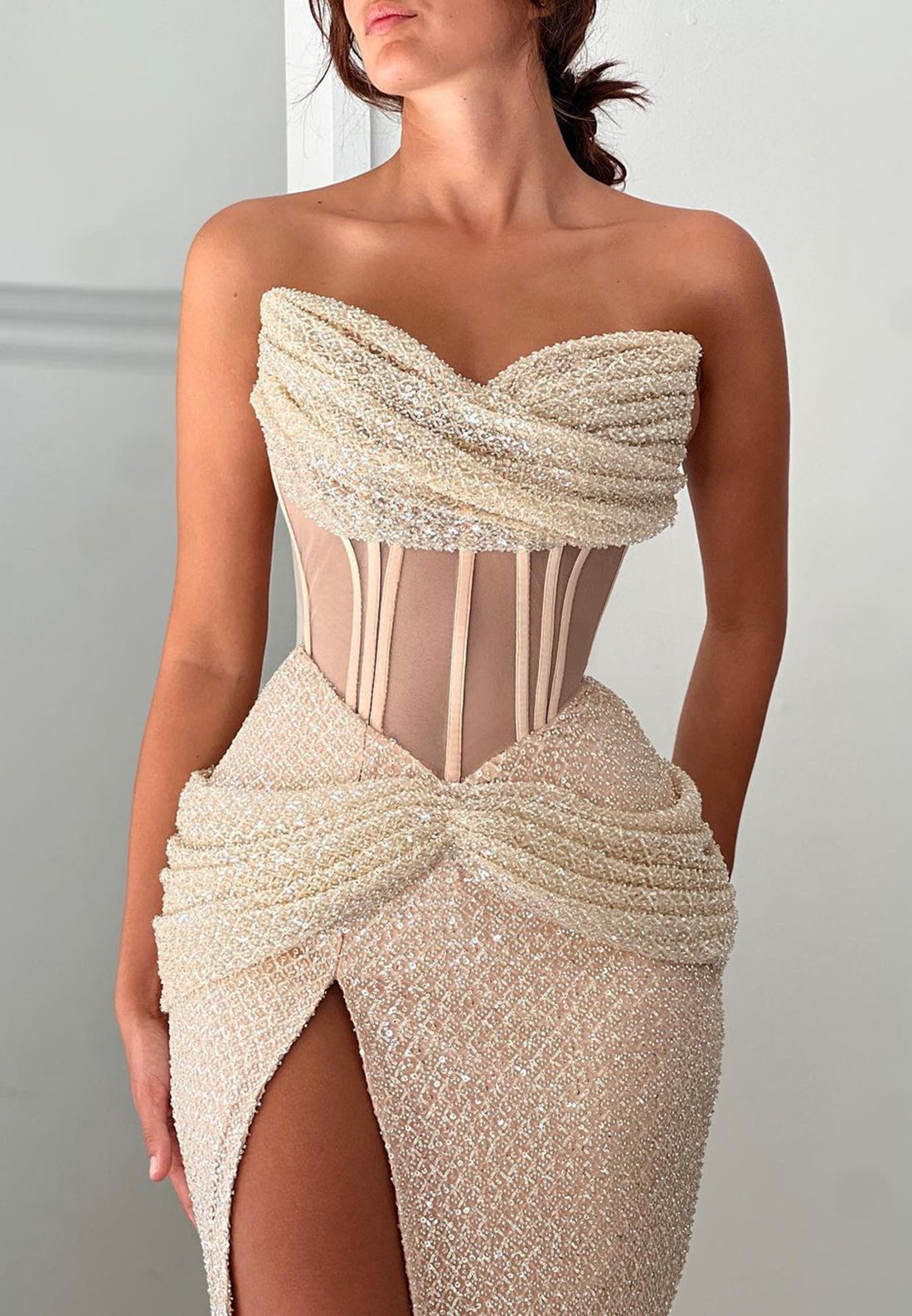 Off-Shoulder Sleeveless High Slit Sheer Mermaid Prom Formal Dress