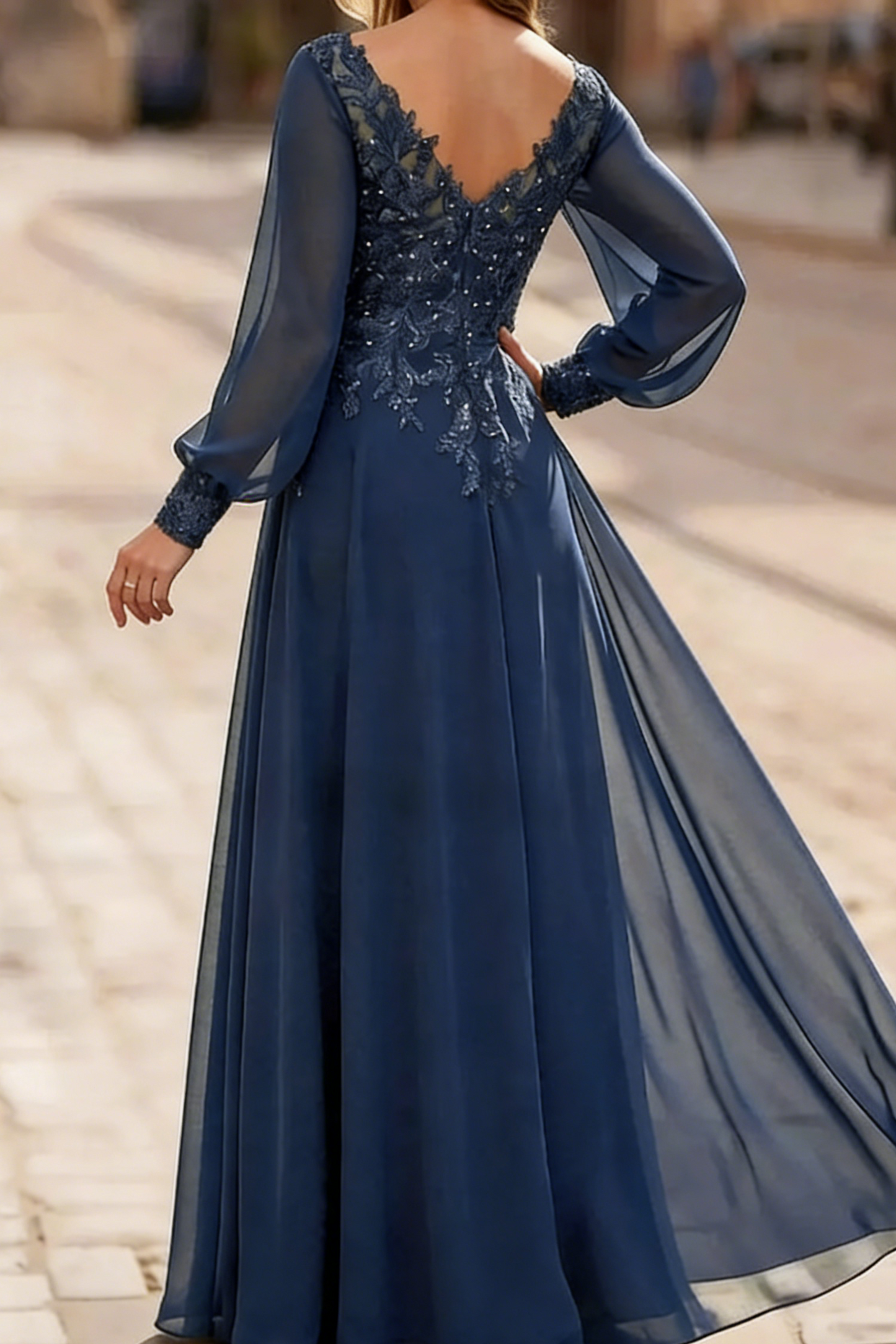Understated A-Line V-Neck Long Sleeves Sequin Floor-Length Chiffon Corset Mother of the Bride Dress