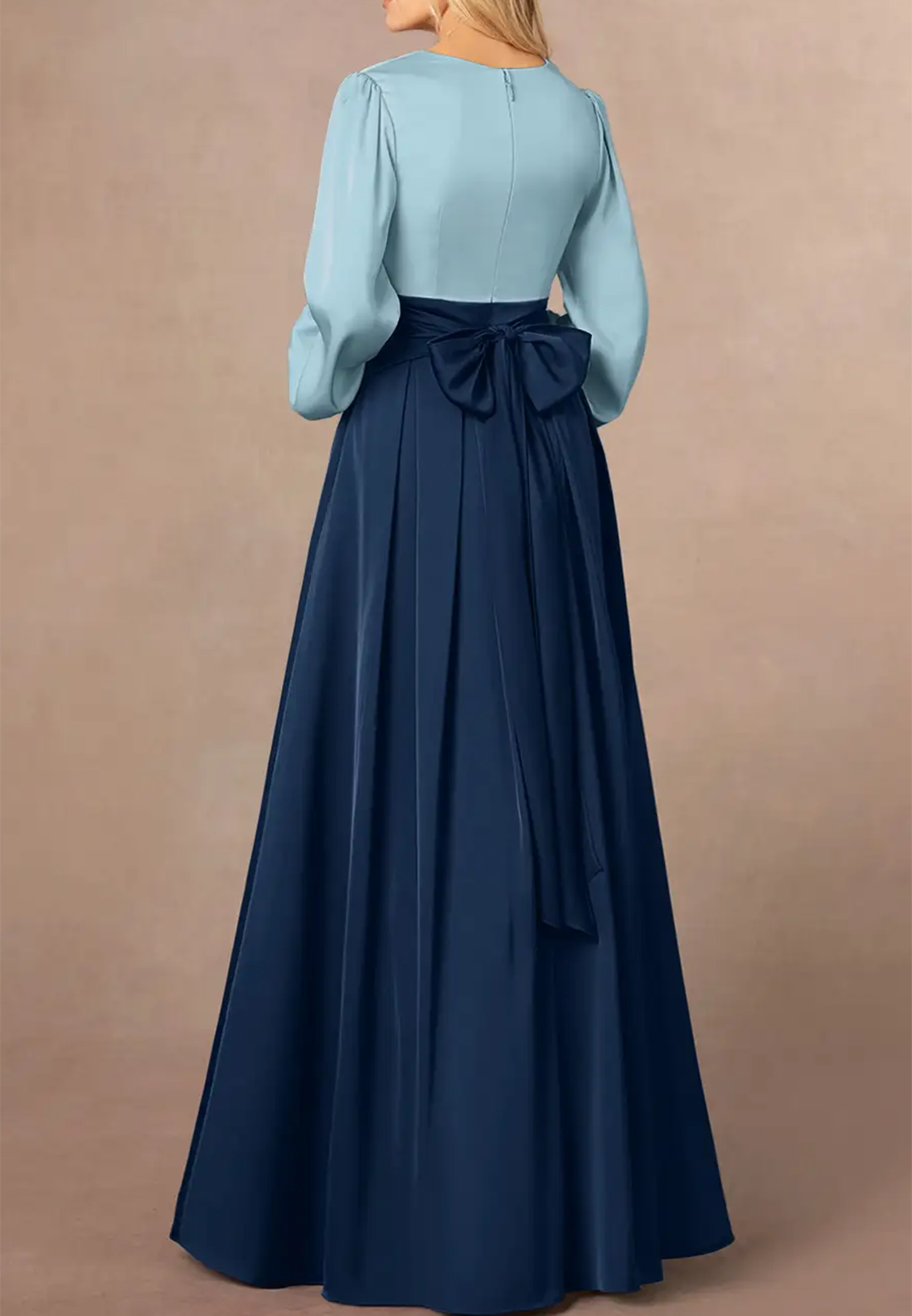 V-Neck Long Sleeves Chiffon Pleated A-Line Mother of Bride Dress