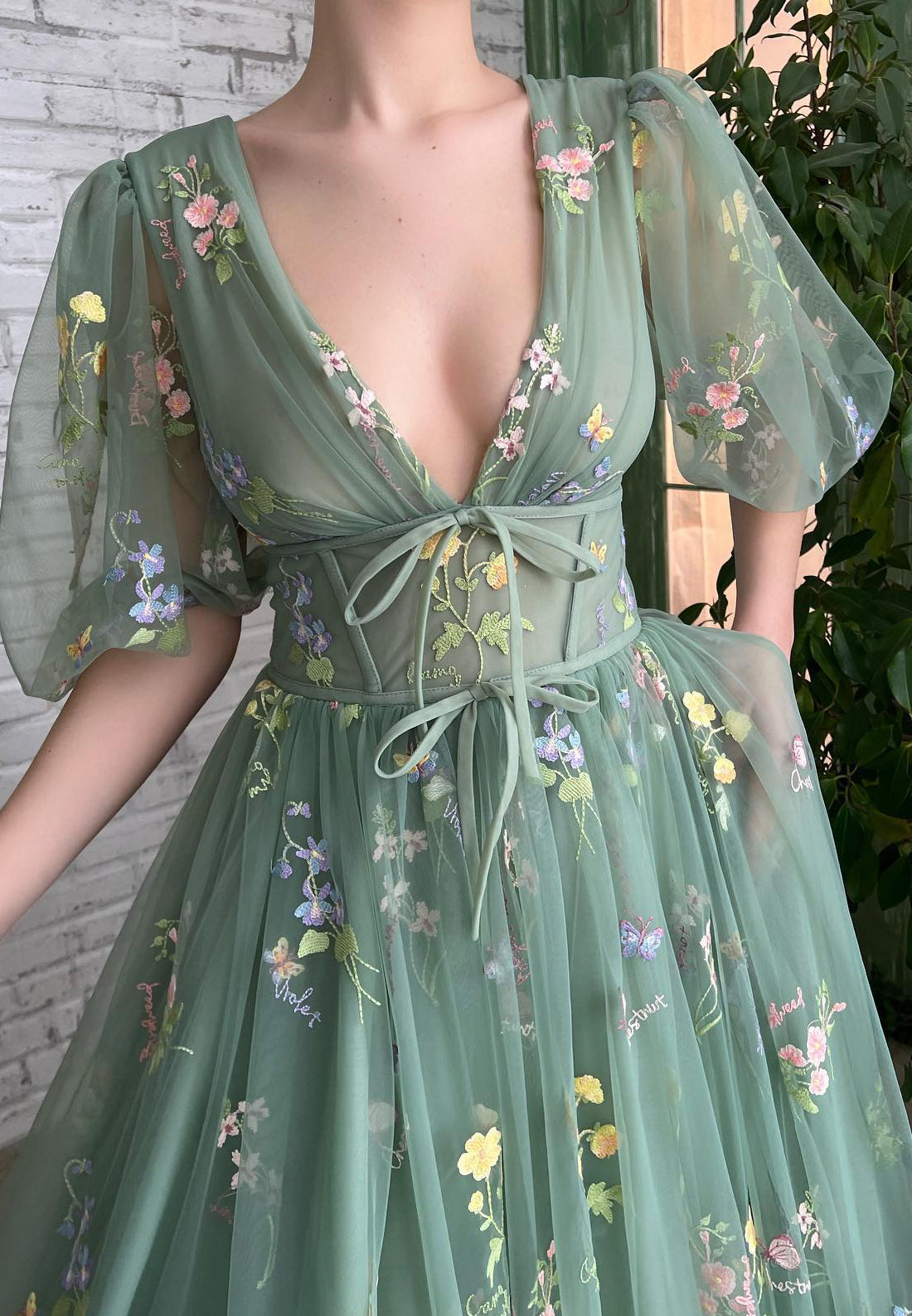 V-Neck Short Sleeves Tulle Floral Embellished A-Line Prom Dress