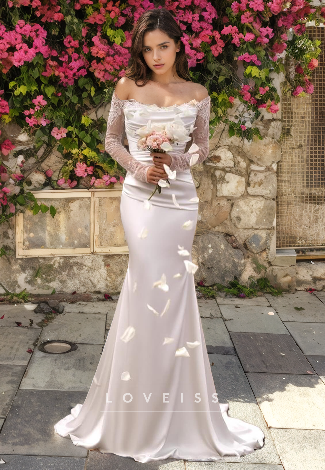 Mermaid Off Shoulder Lace Long Sleeves Satin Wedding Dress with Overskirt