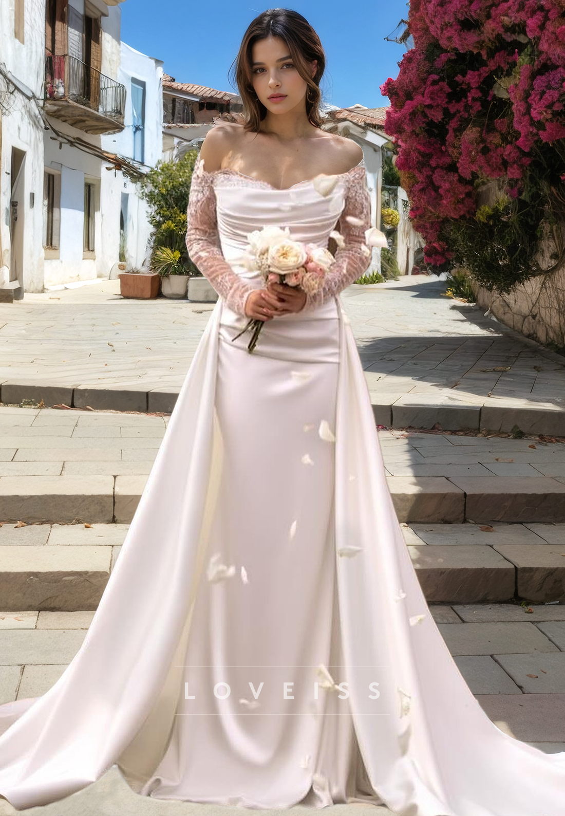 Mermaid Off Shoulder Lace Long Sleeves Satin Wedding Dress with Overskirt
