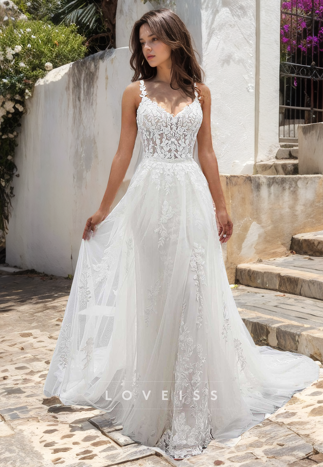 Spaghetti Straps Romantic Lace Wedding Dress with Overskirt