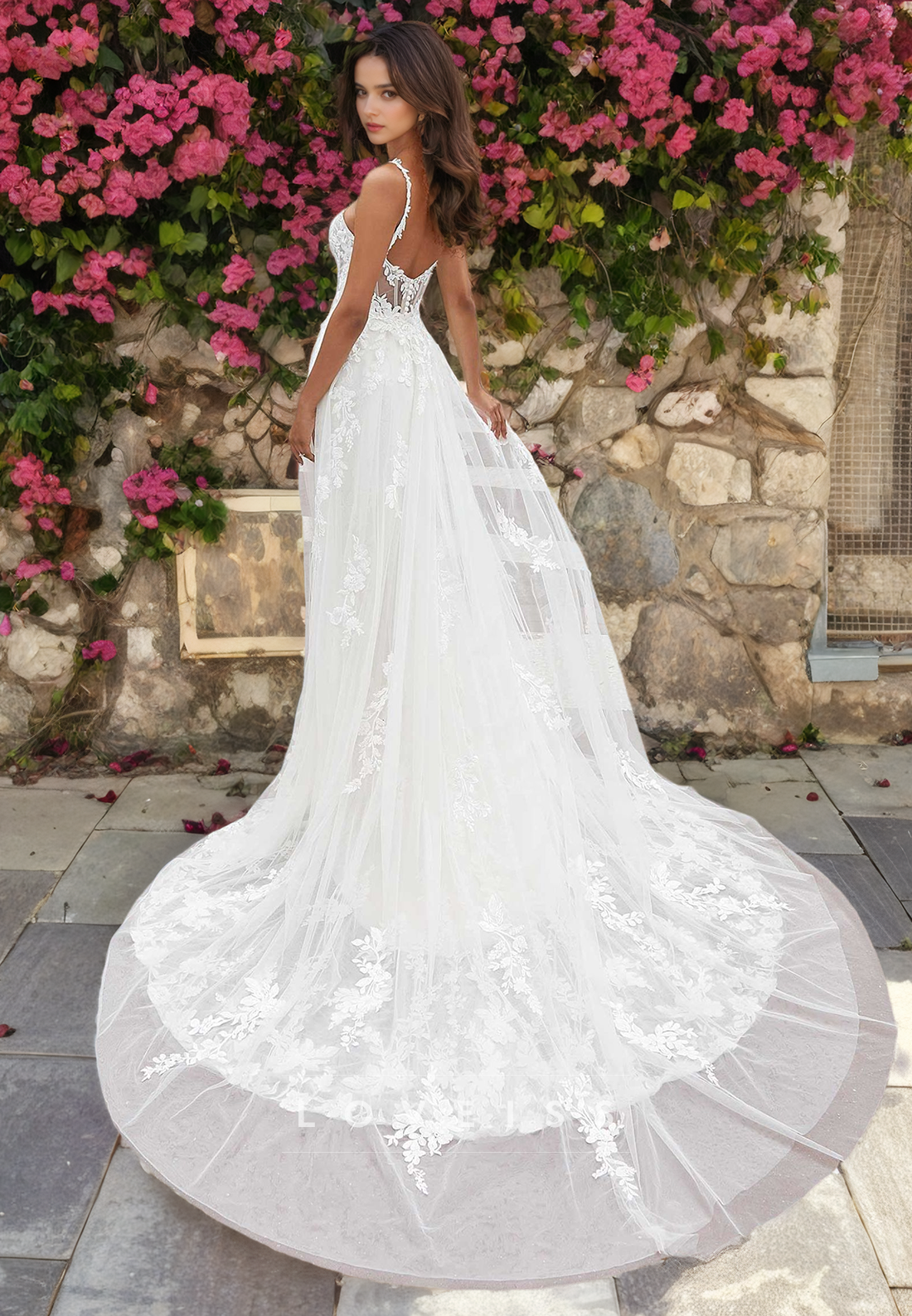 Spaghetti Straps Romantic Lace Wedding Dress with Overskirt