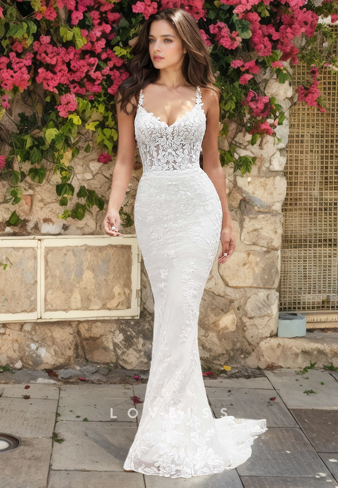 Spaghetti Straps Romantic Lace Wedding Dress with Overskirt