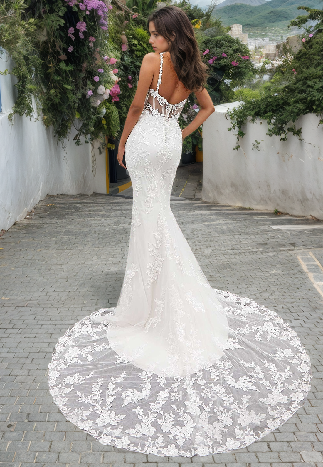 Spaghetti Straps Romantic Lace Wedding Dress with Overskirt