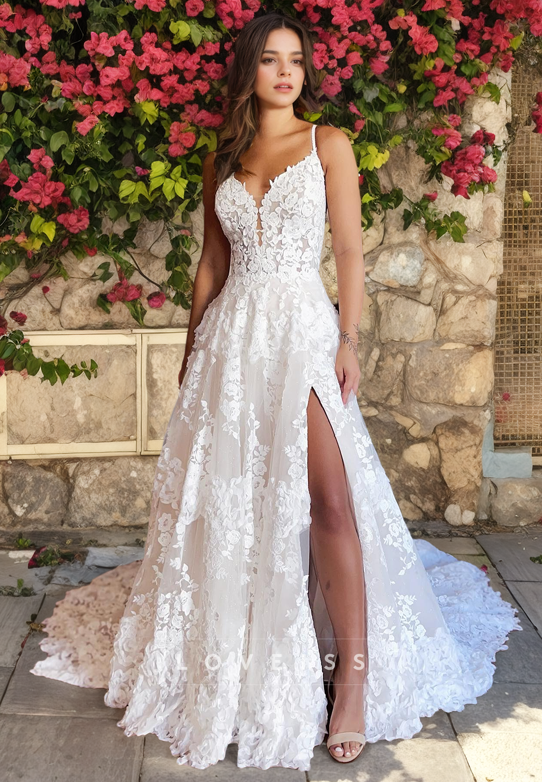 A Line Illusion Neckline Romantic Lace Wedding Dress – Loveiss