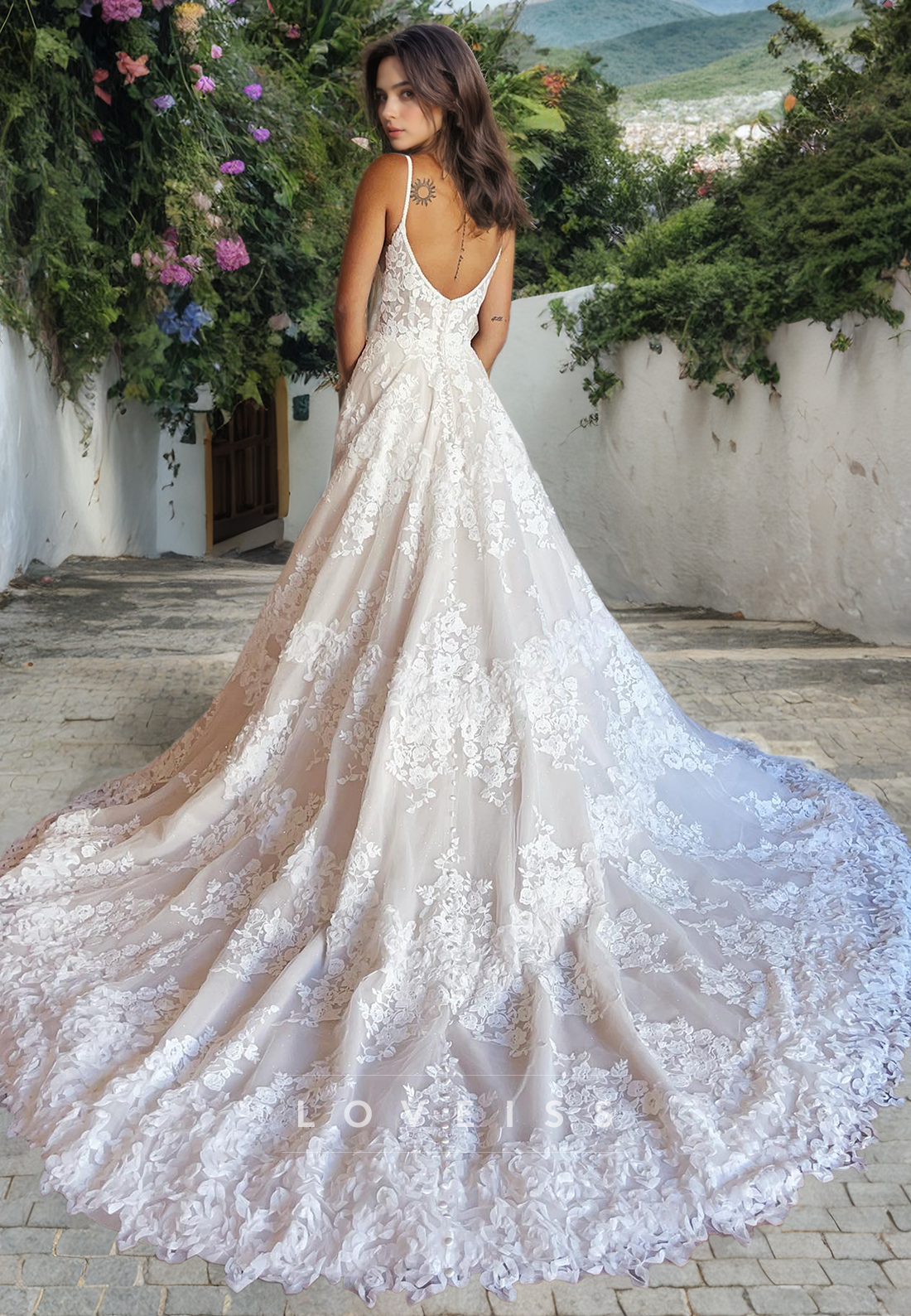 A Line Illusion Neckline Romantic Lace Wedding Dress