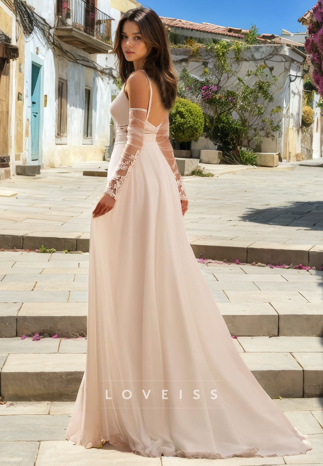 A Line V neck Side Slit Beach Wedding Dress Simple Boho Wedding Gown