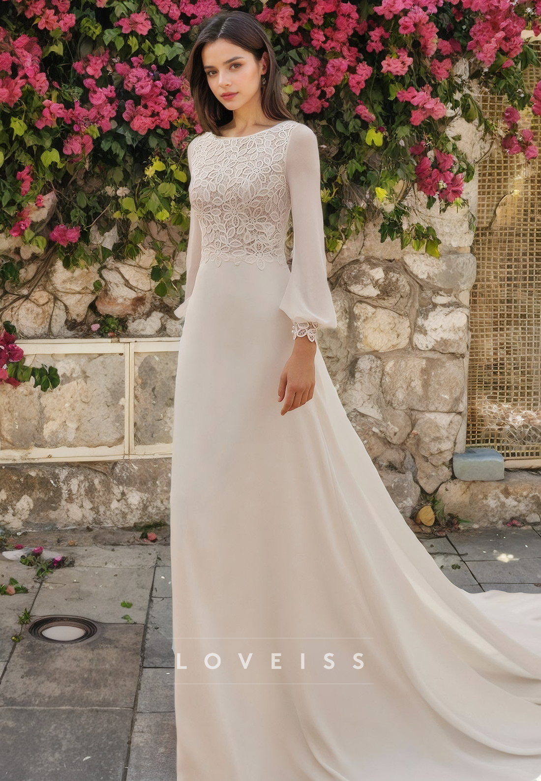 A Line Bateau Lace Appliques Long Sleeves Boho Wedding Dress