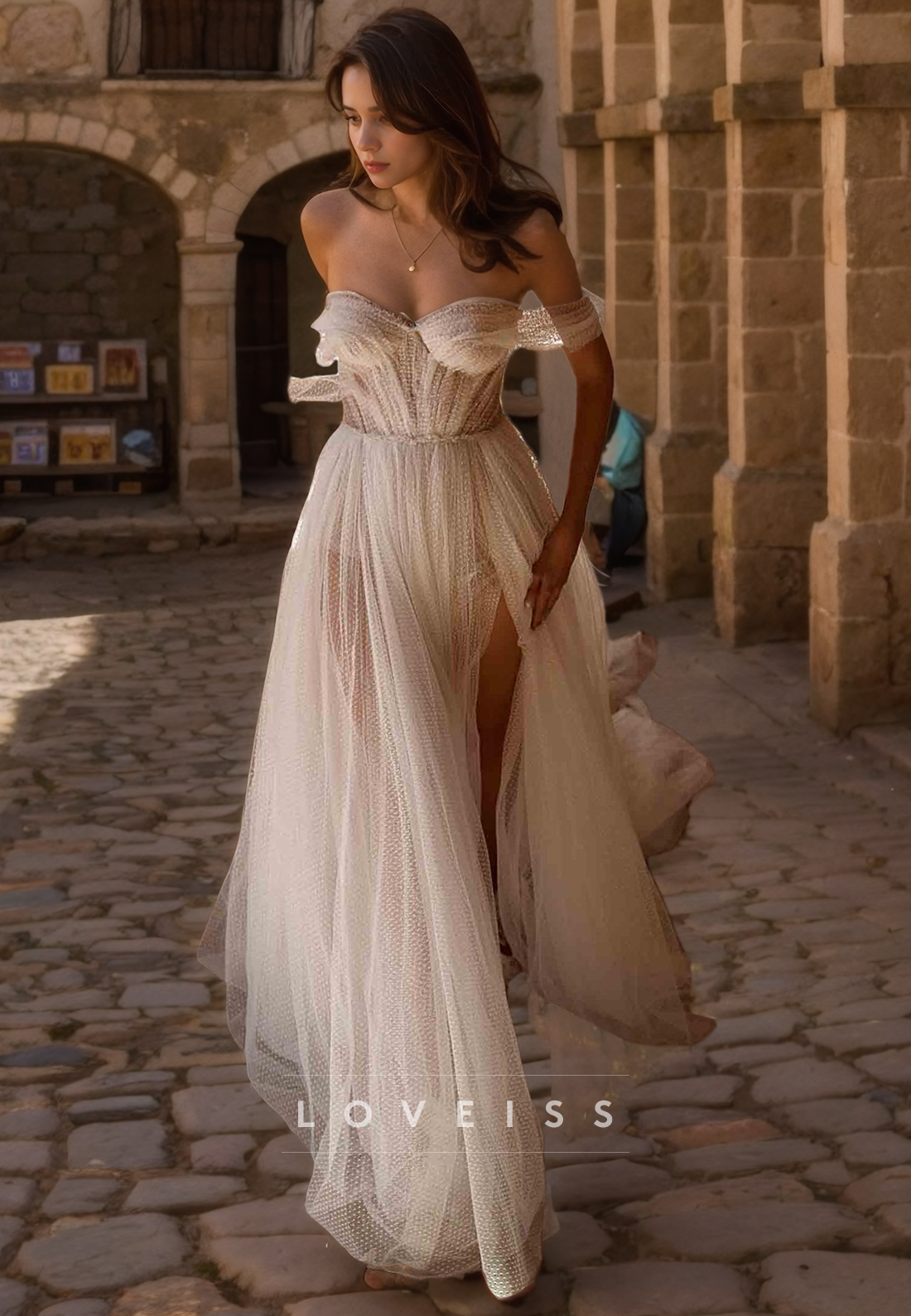 Off-Shoulder Straplee Tulle A-Line Wedding Dress