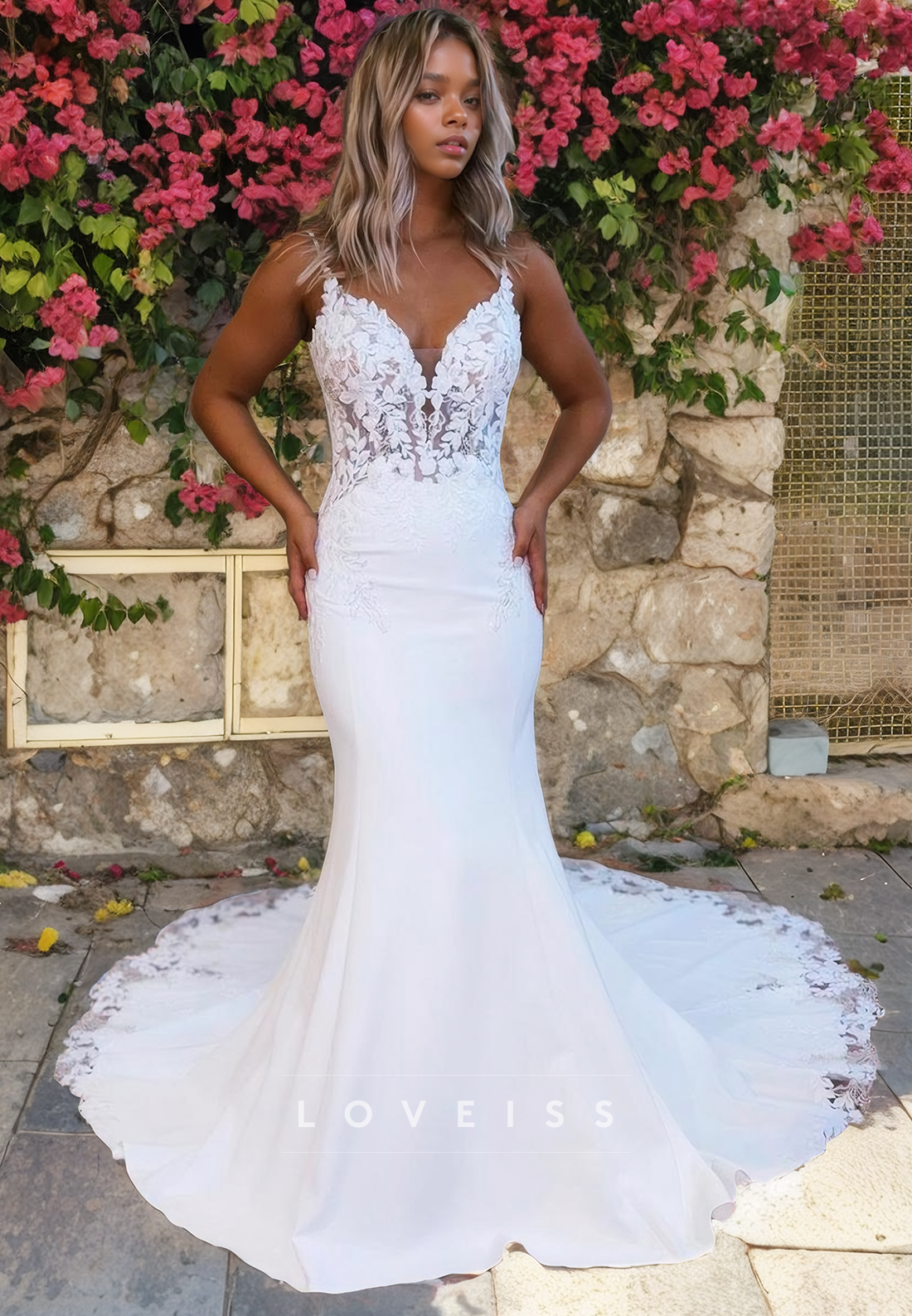 V-Neck Sleeveless Appliques Mermaid Wedding Dress