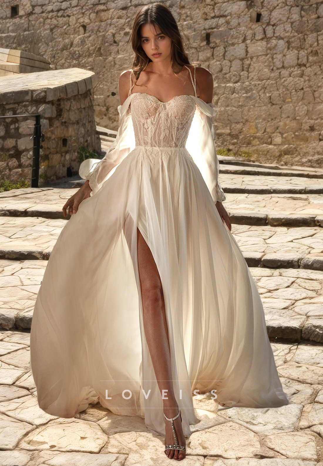 Off-Shoulder Long Sleeves Appliques High Slit Pleated A-Line Wedding Dress