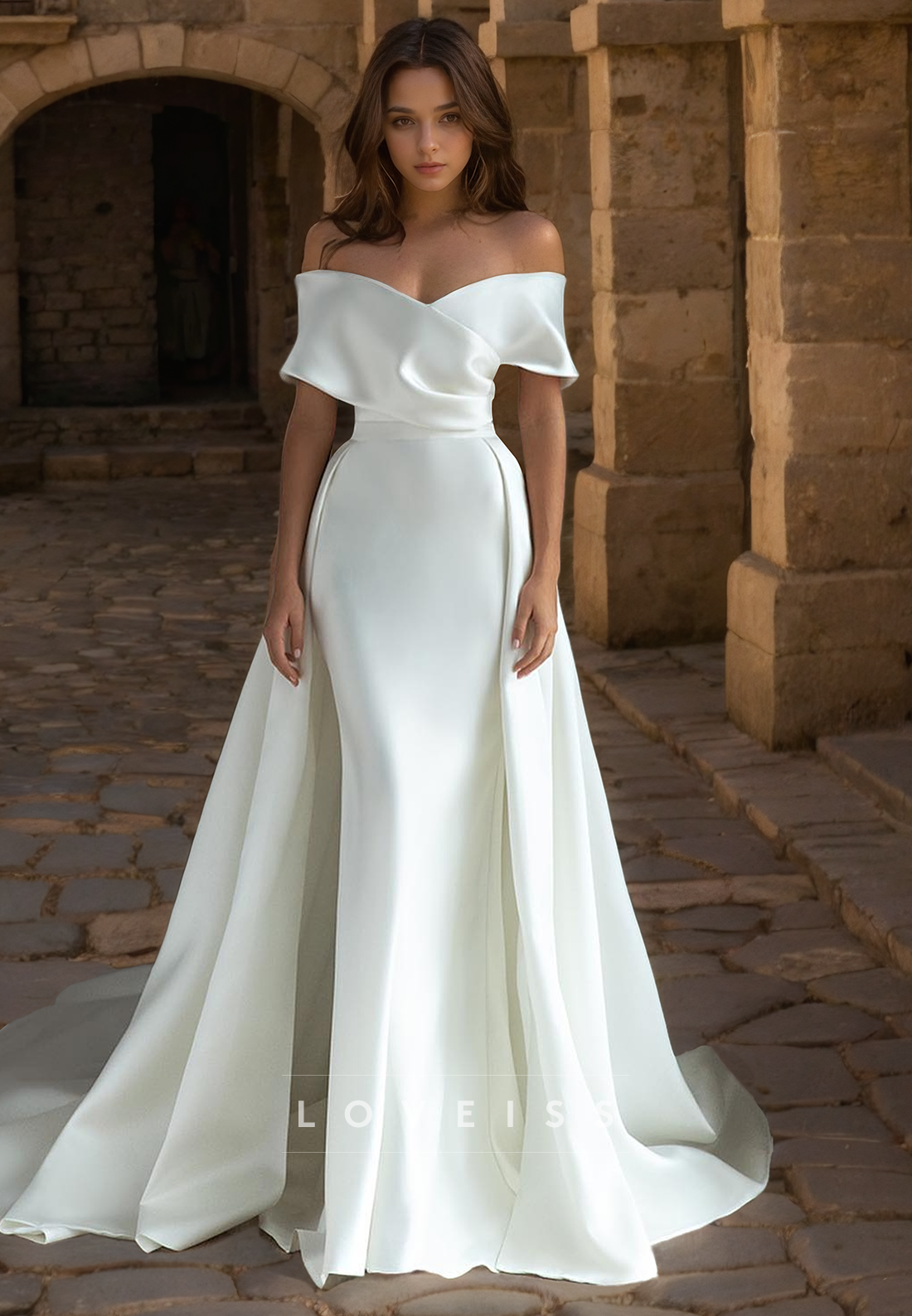 Off-Shoulder Strapless Sleek Sheath Sweep Train Wedding Dress