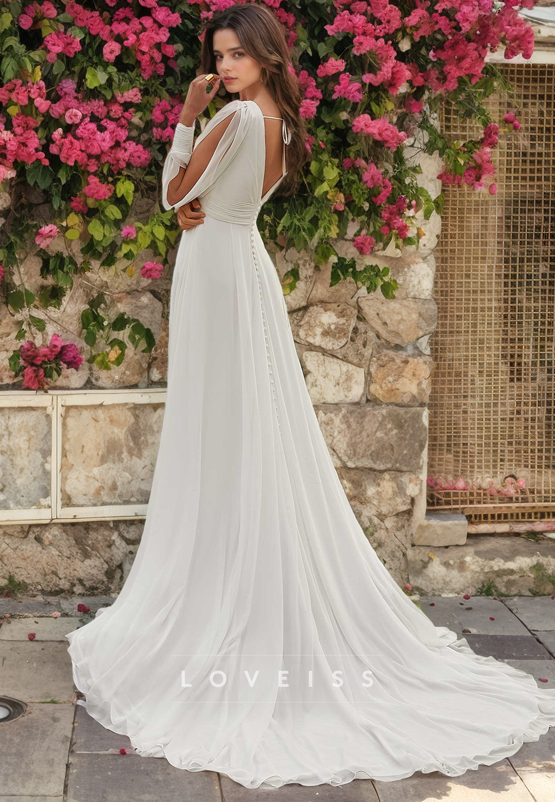 V-Neck Long Sleeves Chiffon Pleated A-Line Beach Wedding Dress