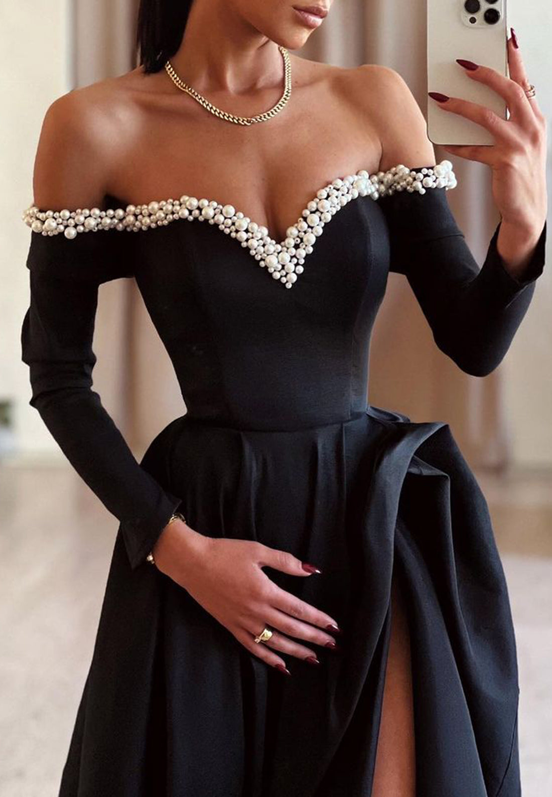 Off-Shoulder Long Sleeves Beaded A-Line Long Evening Dress