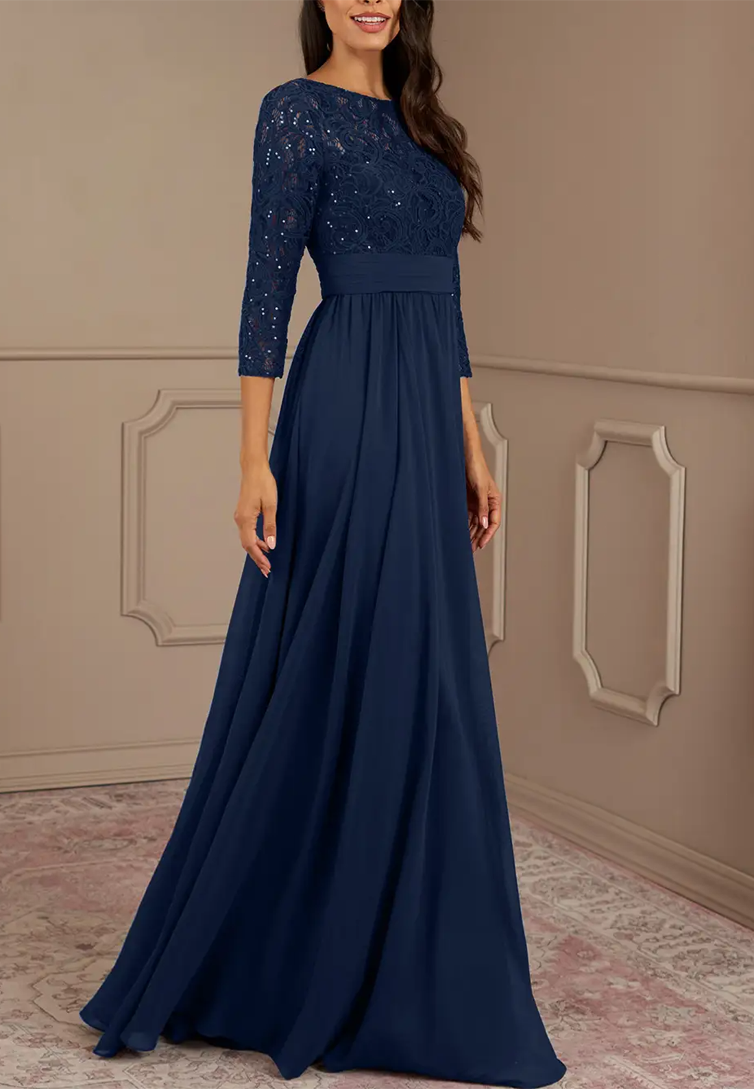 Scoop Long Sleeves Appliques Chiffon Long Mother of Bride Dress