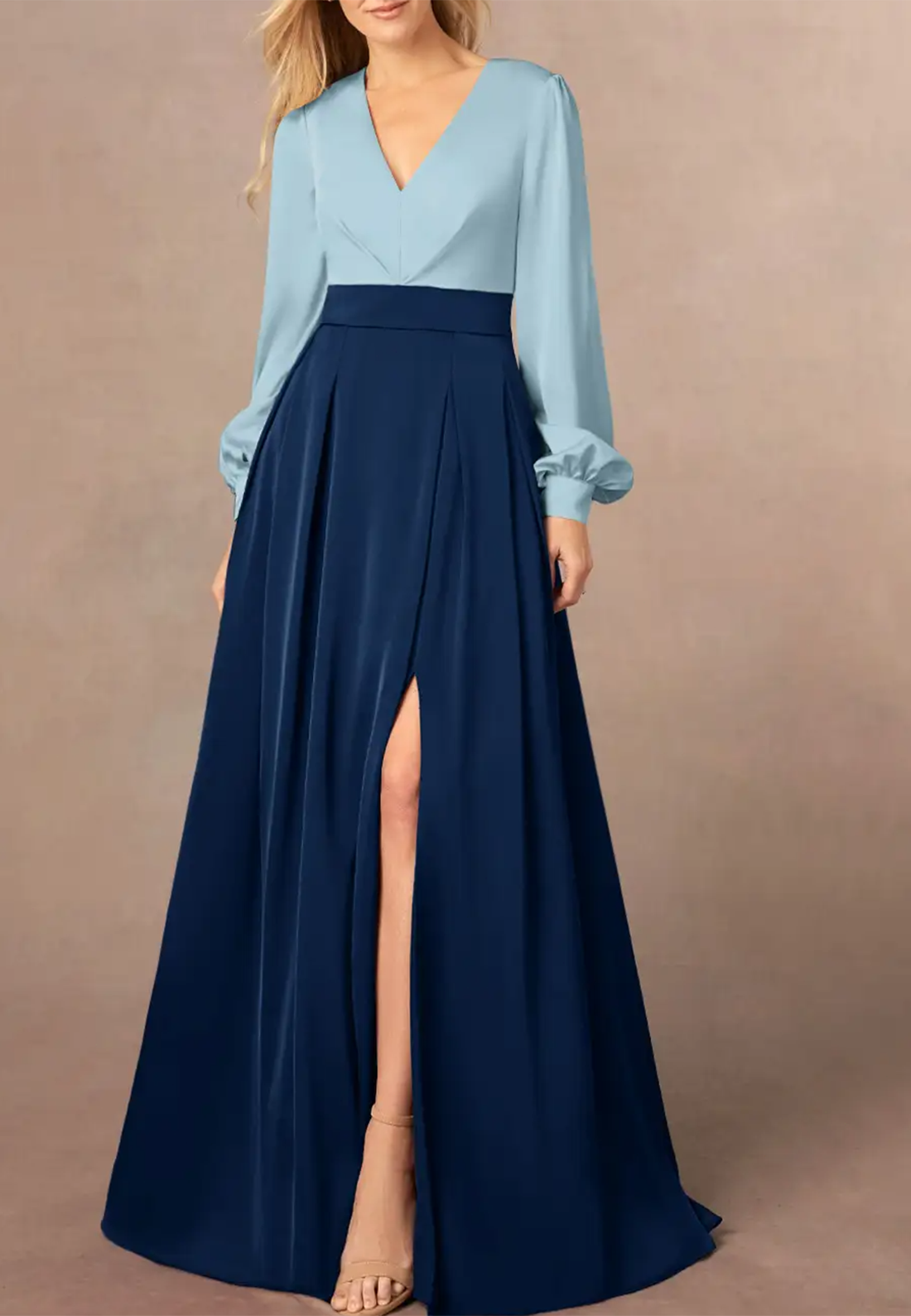 V-Neck Long Sleeves Chiffon Pleated A-Line Mother of Bride Dress