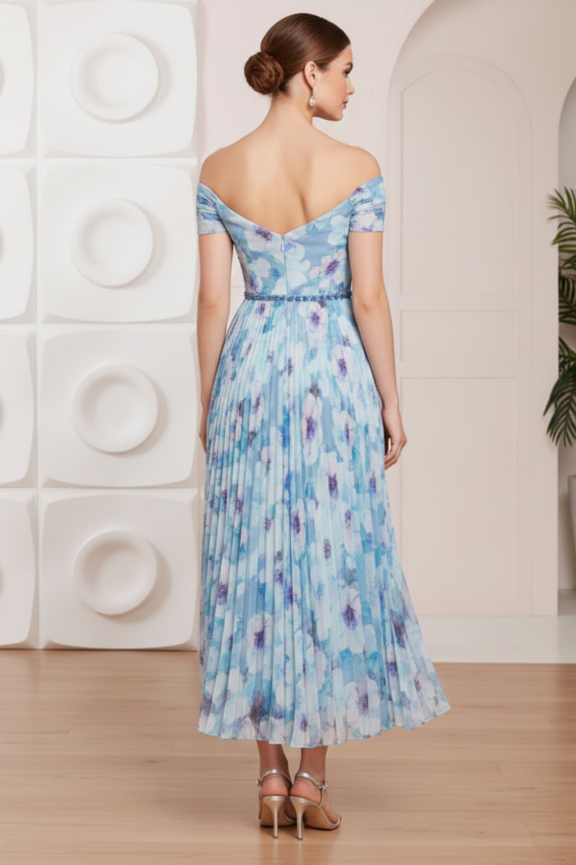 Off-Shoulder Pleated Printed Chiffon A-Line Wedding Guest Dress