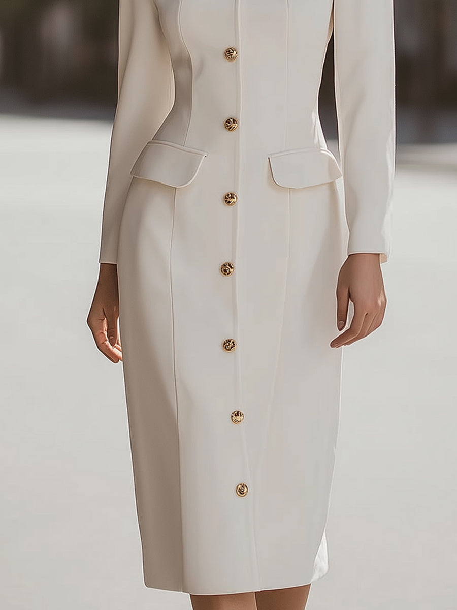 Elegant Sculpted Plain Button-Front Midi Dress