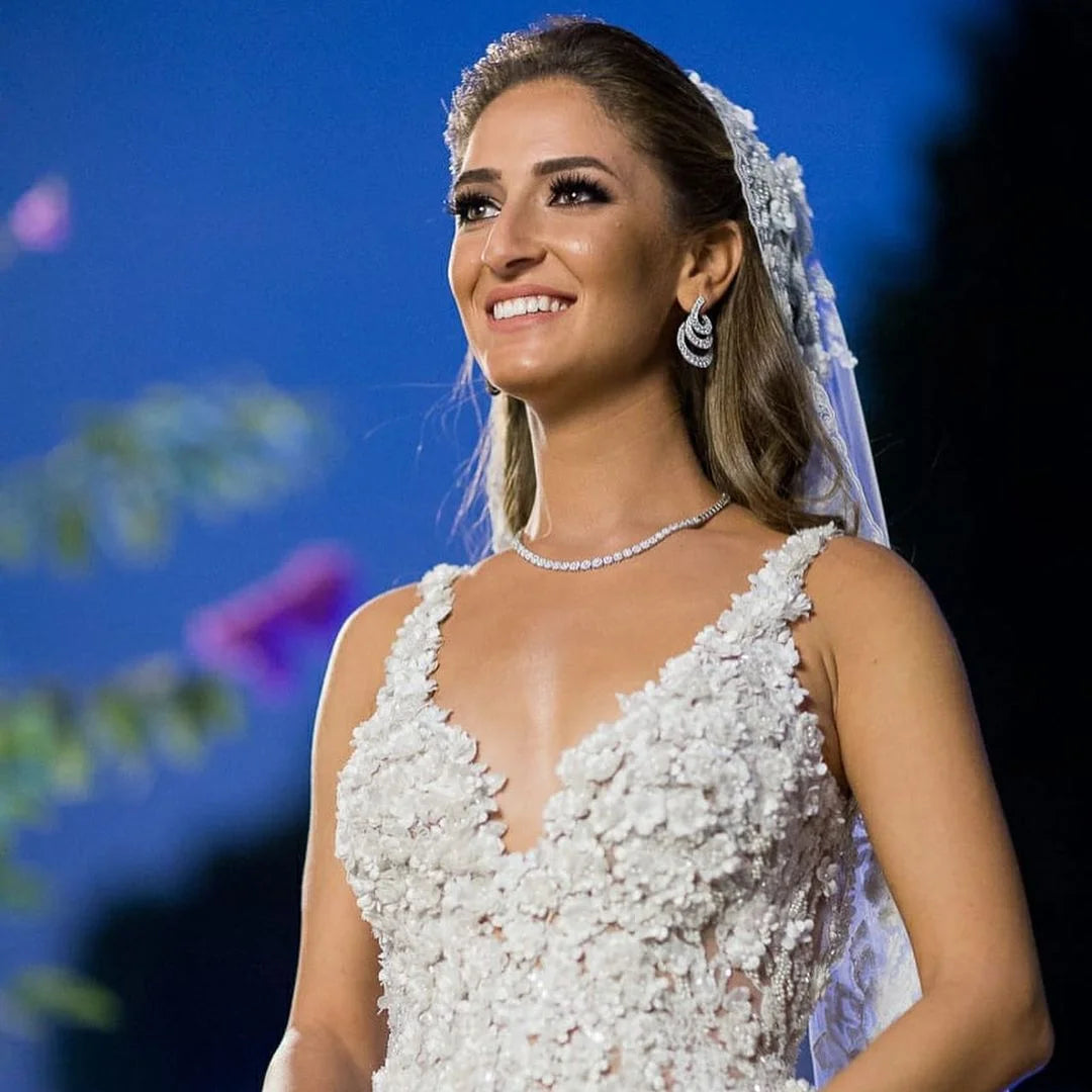 Glamorous Long A-line Floral Wedding Dress With V-Neck Lace