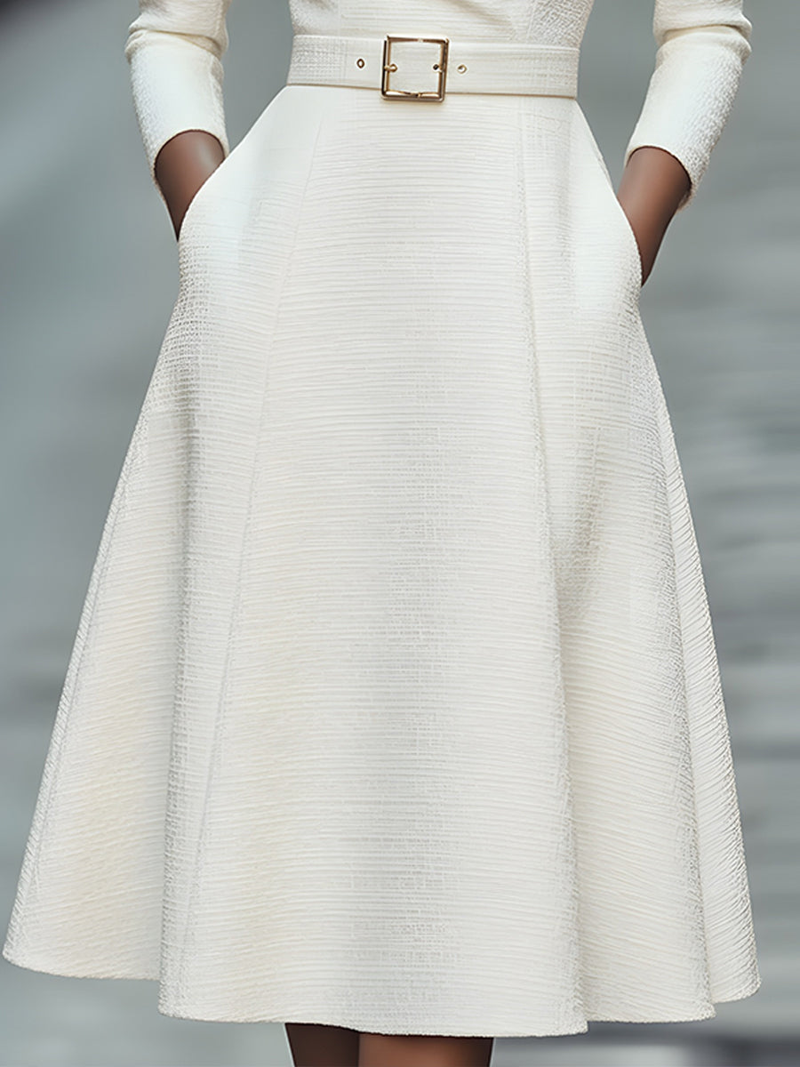 White Textured Belted Midi Dress With V-Neckline