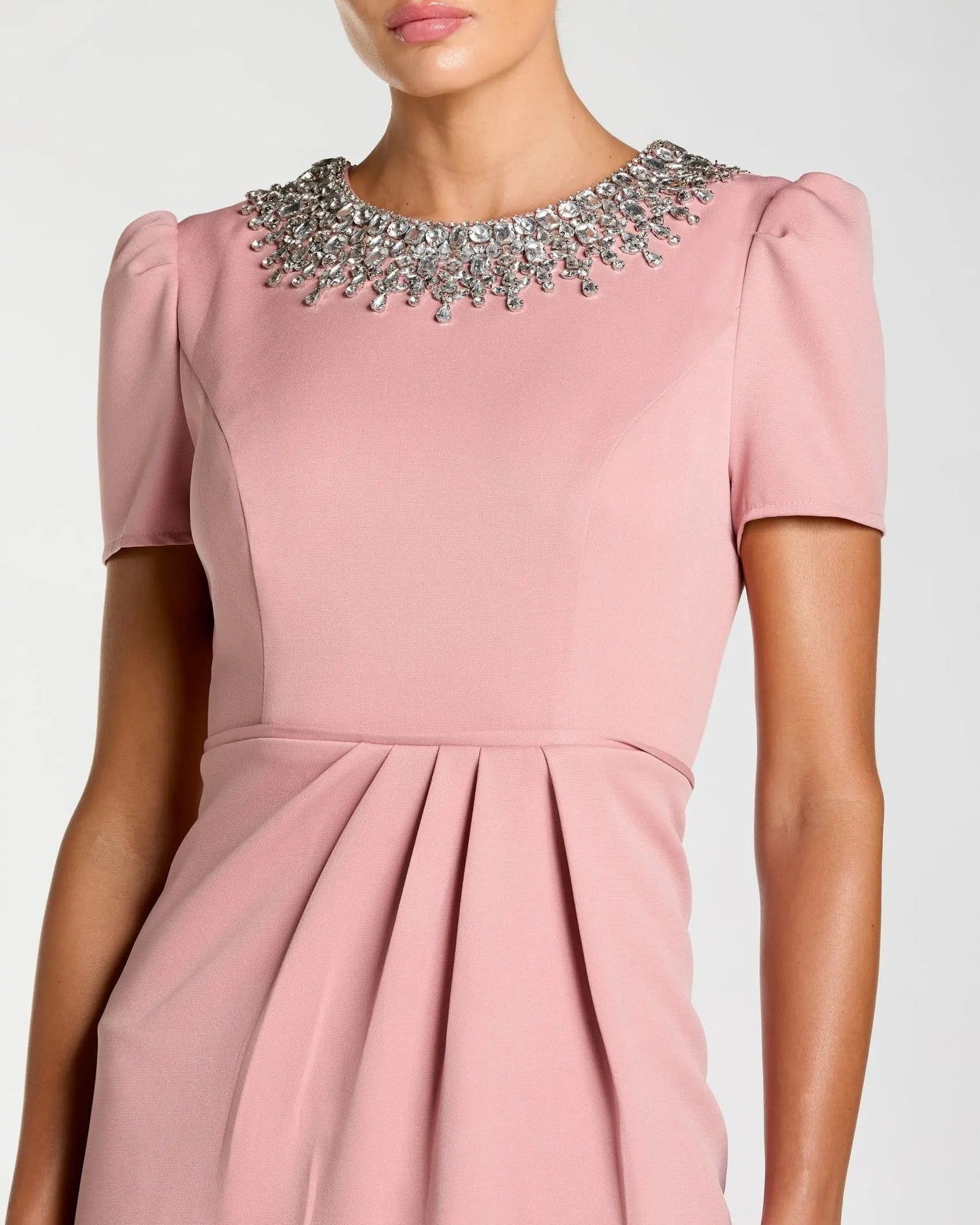 Wedding Guest Dress Pink Short Sleeve Rhinestone Neckline Sheath Dress