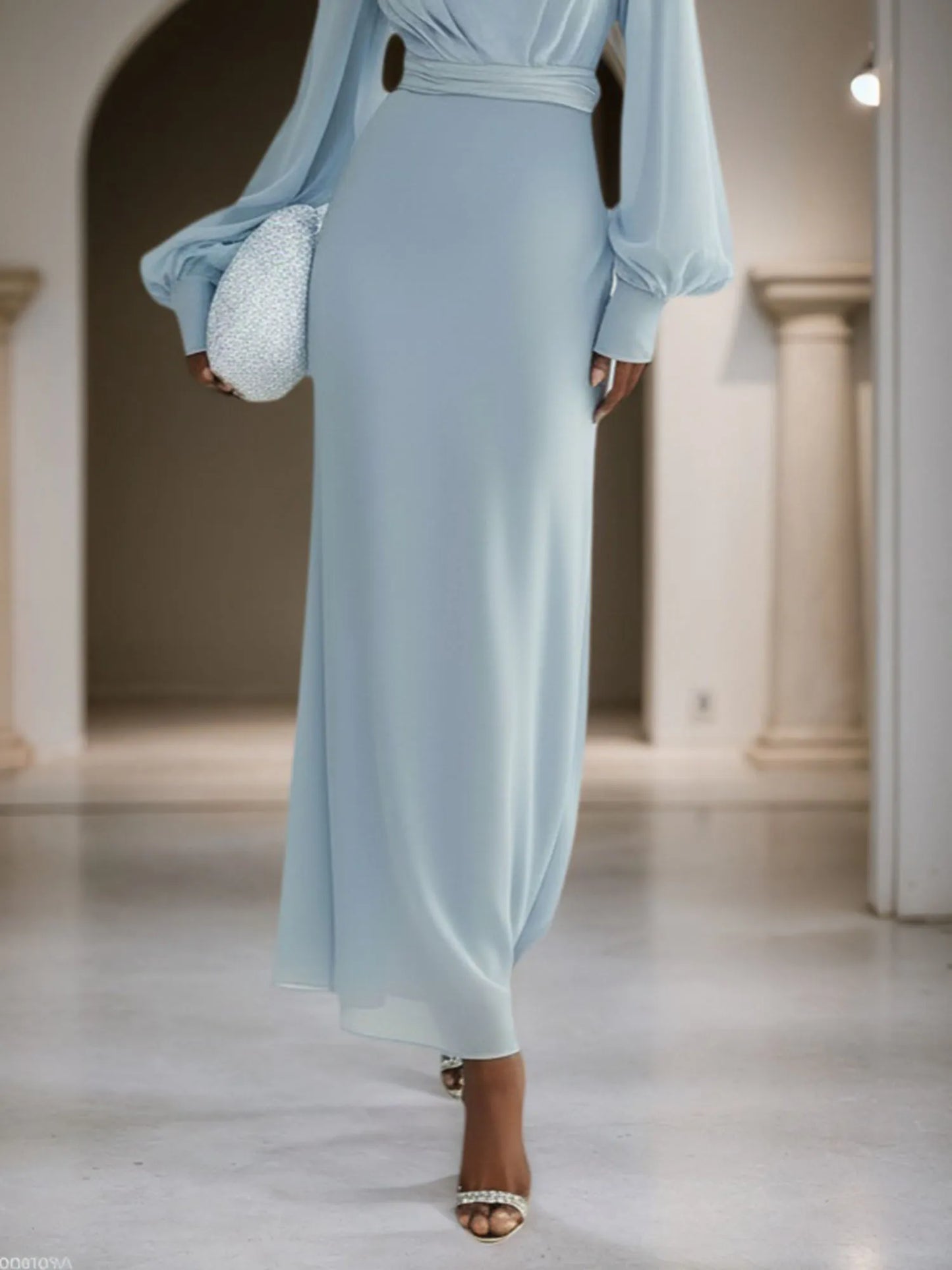 Light Blue Chiffon Mock Neck Long Sleeve Balloon Sleeve A-Line Maxi Dress