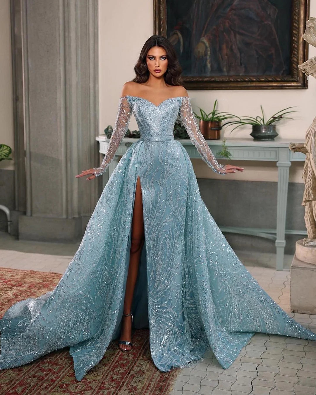 Stunning Off the Shoulder A-Line Split Prom Dress with Beadings