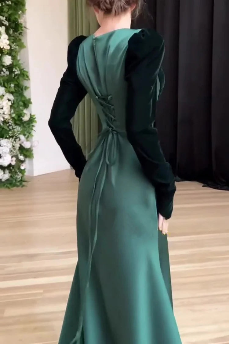 Color Matching Square Neck Patchwork Lace Up Maxi Dresses