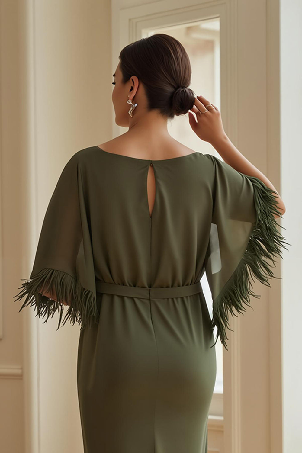 Olive Sheath Boat Neck Long Wedding Guest Dress with Feathers