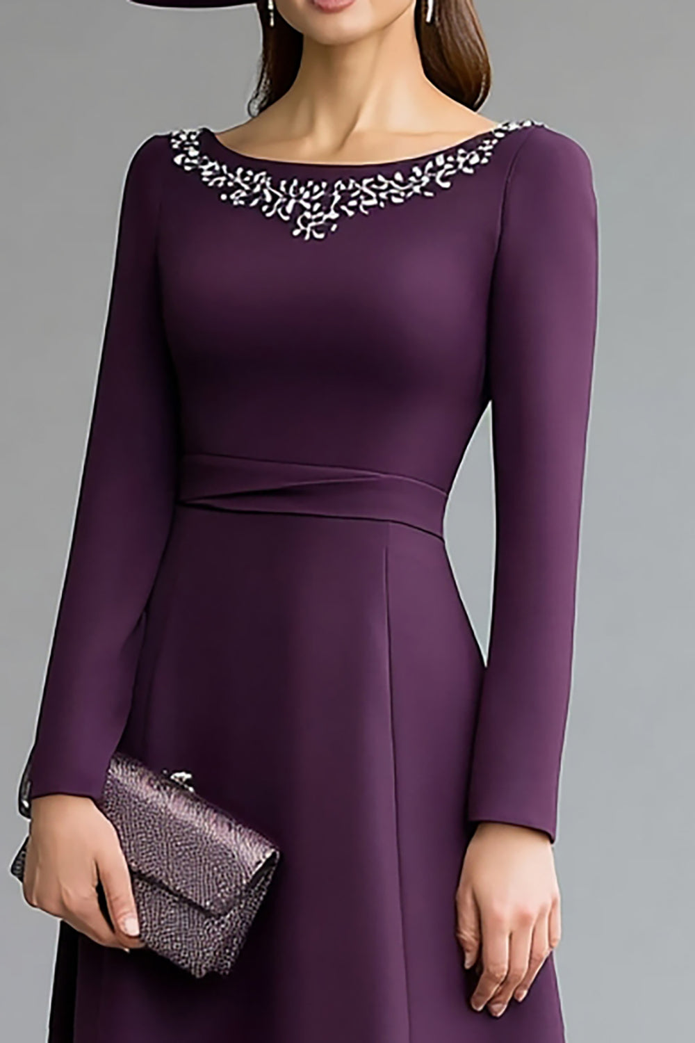 Sparkly Dark Purple Boat Neck Midi Mother of the Bride Dress with Beading