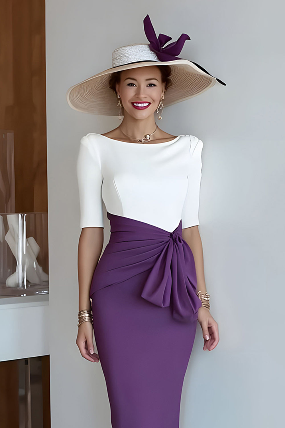 Grape Scoop Neck Bodycon Midi Mother of the Bride Dress with Sleeves
